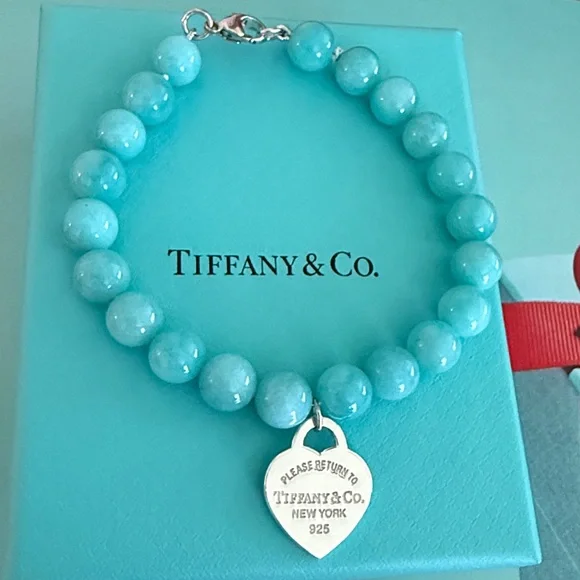 🩵7 1/2” Tiffany & Co. 8mm Bead PRTT Heart Tag Bracelet - Picture 5 of 12